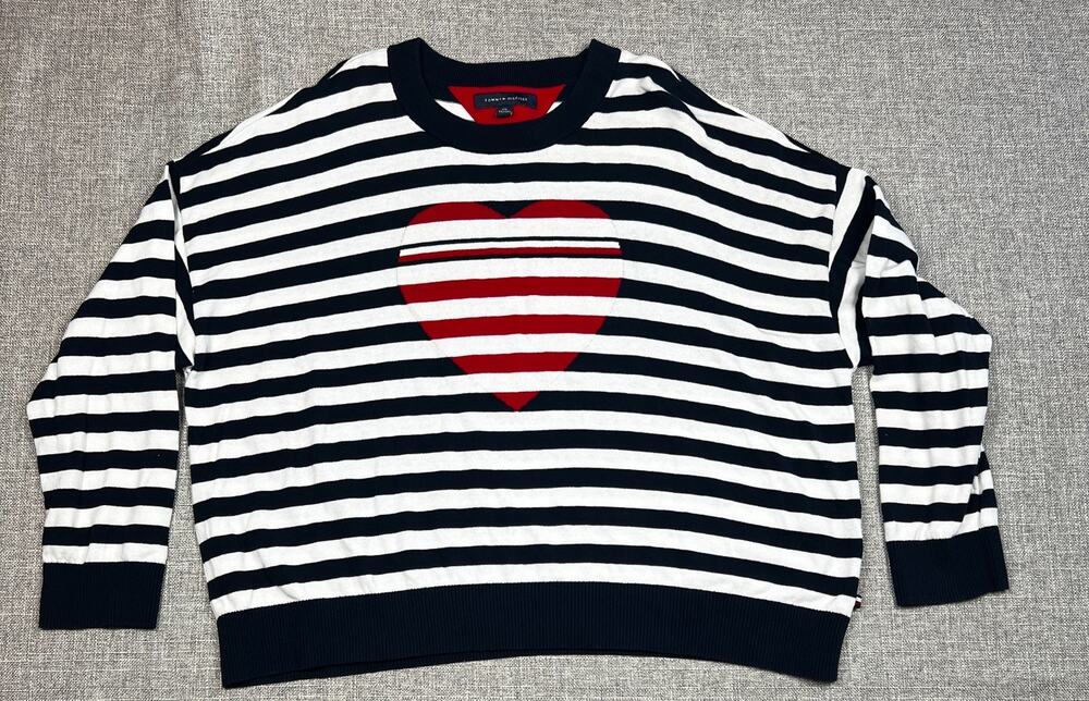 Tommy Hilfiger Women's XXL Navy White Stripe Heart Cotton Sweater